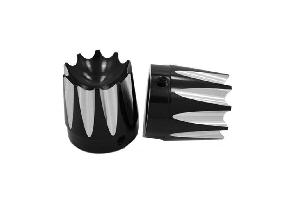 Excalibur Front Axle Caps – Black. Fits Softail 1984-2006, Dyna 1991-2003, Touring 1980-1999, Sportster 1988-2007, FXR 1982-1994 & FXWG 1980-1986