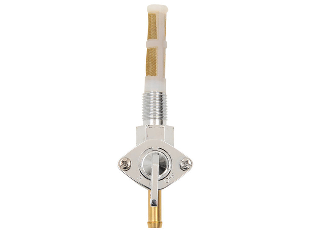 Fuel Tap / Petcock with 3/8in. NPT Thread, 5/16in. Downward Facing Fuel Outlet – Chrome. Fits H-D Pre 1975.