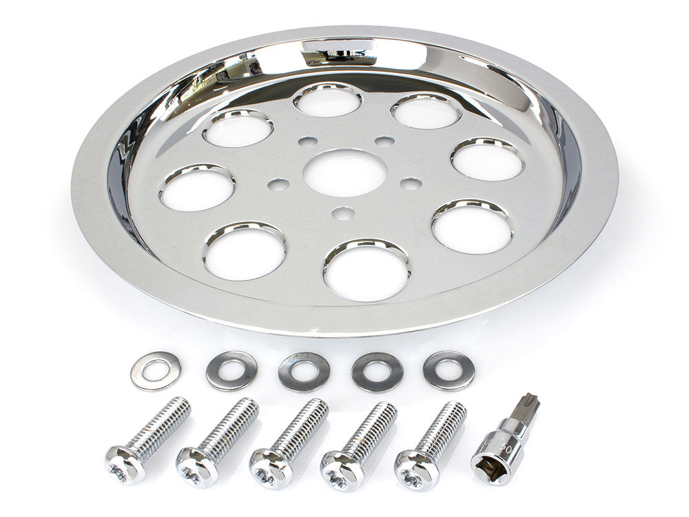Rear Pulley Cover – Chrome. Fits Big Twin 1987-1999 with 70 Tooth Pulley.
