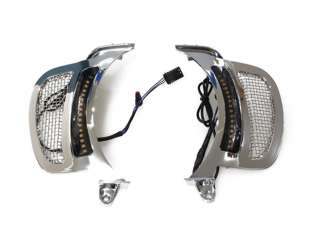 Dynamic LED Vent Inserts With Amber & White LED’s – Chrome with Stainless Mesh. Fits Road Glide 2015-2023.