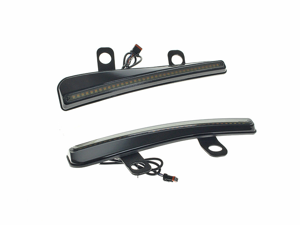 LED Windshield Trim with Turn Signals – Smoke Lens, Gloss Black Housing. Fits CVO Road Glide (inc ‘ST’) 2023up & Roadglide 2024up.