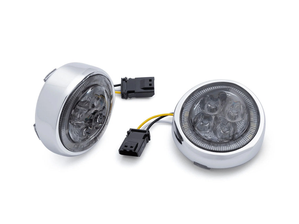 Fang LED Front Turn Signal Inserts – Chrome. Amber Turn, White Run with Smoke Lenses. Fits CVO Touring 2016up Models.