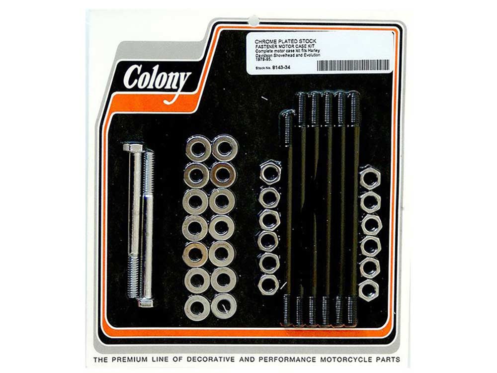 Stock Motor Case Stud, Bolt & Nut Kit – Chrome. Fits Shovel & Evo 1979-1995.