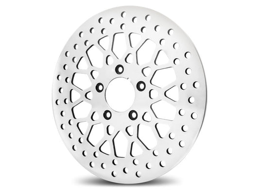 11.8in. Front Mesh Disc Rotor – Polished. Fits Dyna 2006-2017, Softail 2015up, Sportster 2014-2021 & Some Touring 2008-2023
