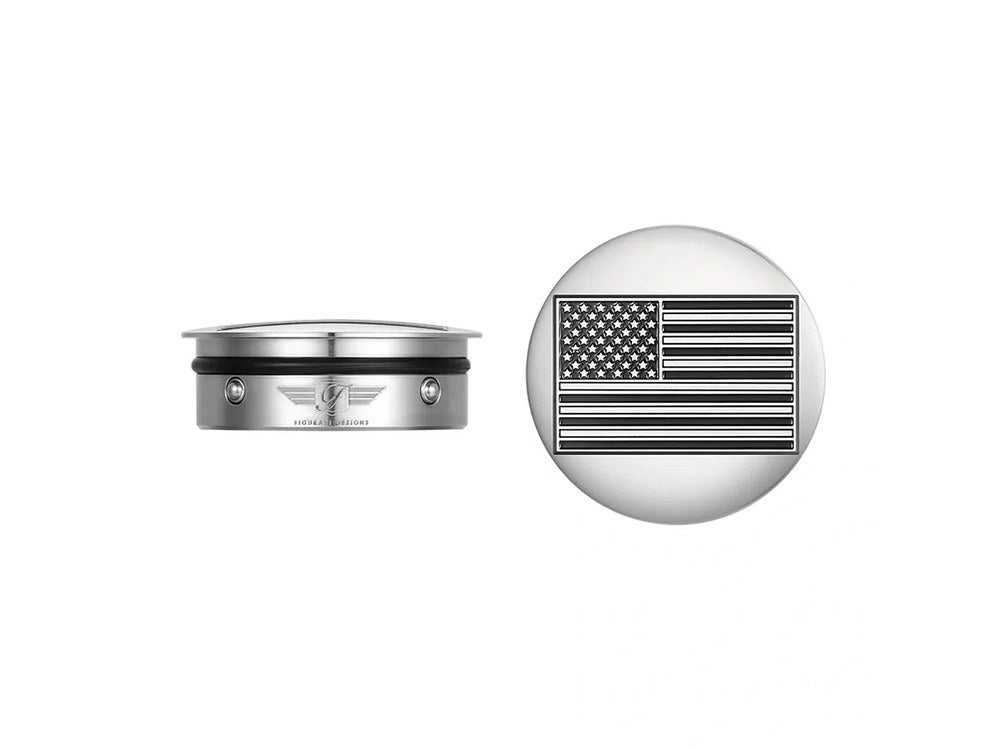 Swingarm Pivot Bolt Covers – Stainless with American Flag. Fits Touring 2011up
