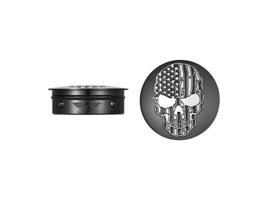 Swingarm Pivot Bolt Covers – Black with American Flag Skull. Fits Touring 2011up