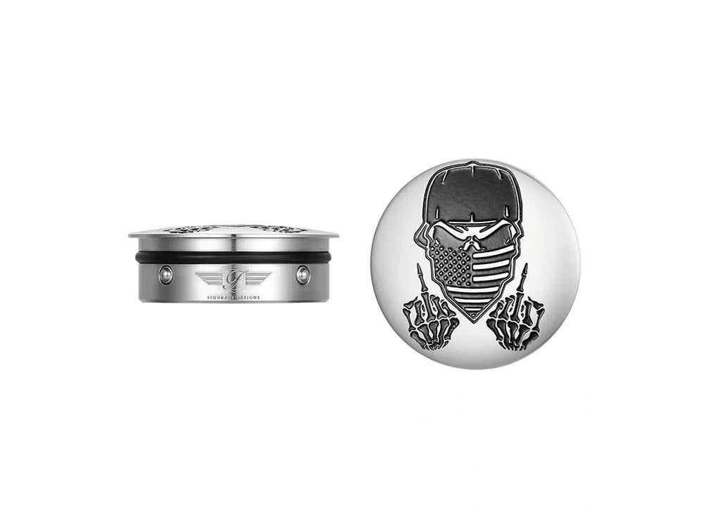 Swingarm Pivot Bolt Covers – Stainless with Masked Skull. Fits Touring 2011up