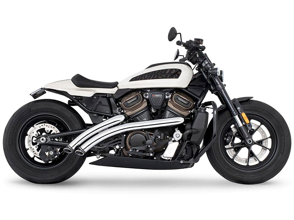 Radical Radius Exhaust – Chrome with Black End Caps. Fits Sportster S 2021-2023