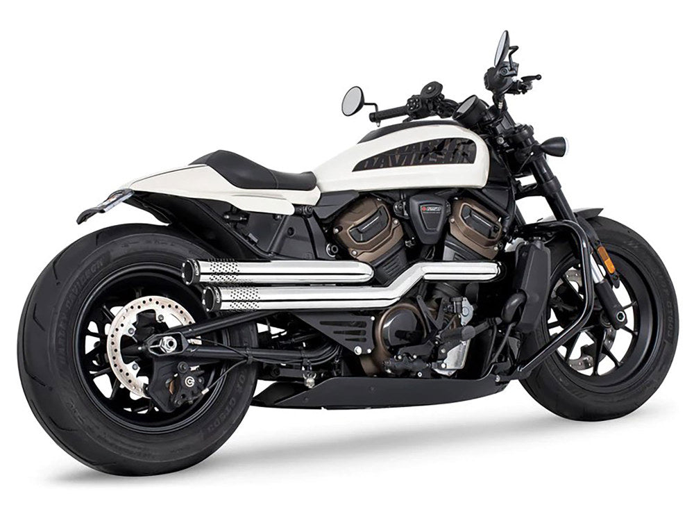 Independence Perforated High Exhaust – Chrome with Black End Caps. Fits Sportster S 2021-2023