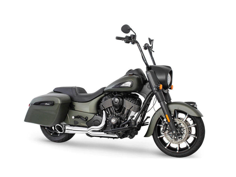 Turnout 2-into-1 Exhaust – Chrome with Black End Cap. Fits Indian Big Twin 2014up with Hard Saddle Bags.