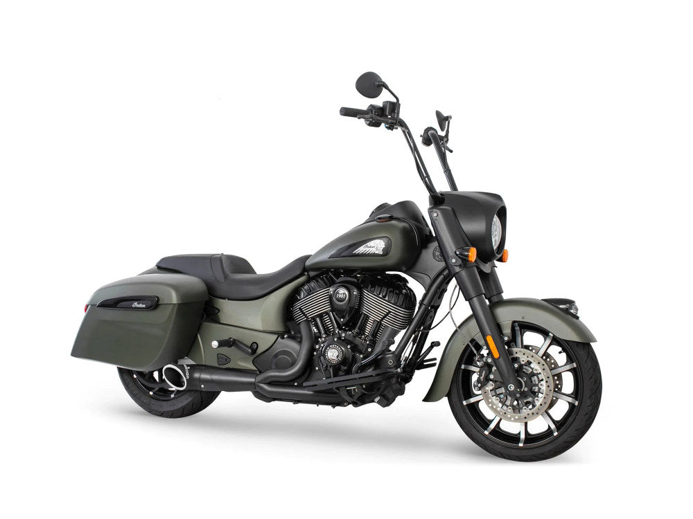 Turnout 2-into-1 Exhaust – Black with Black End Cap. Fits Indian Big Twin 2014up with Hard Saddle Bags.