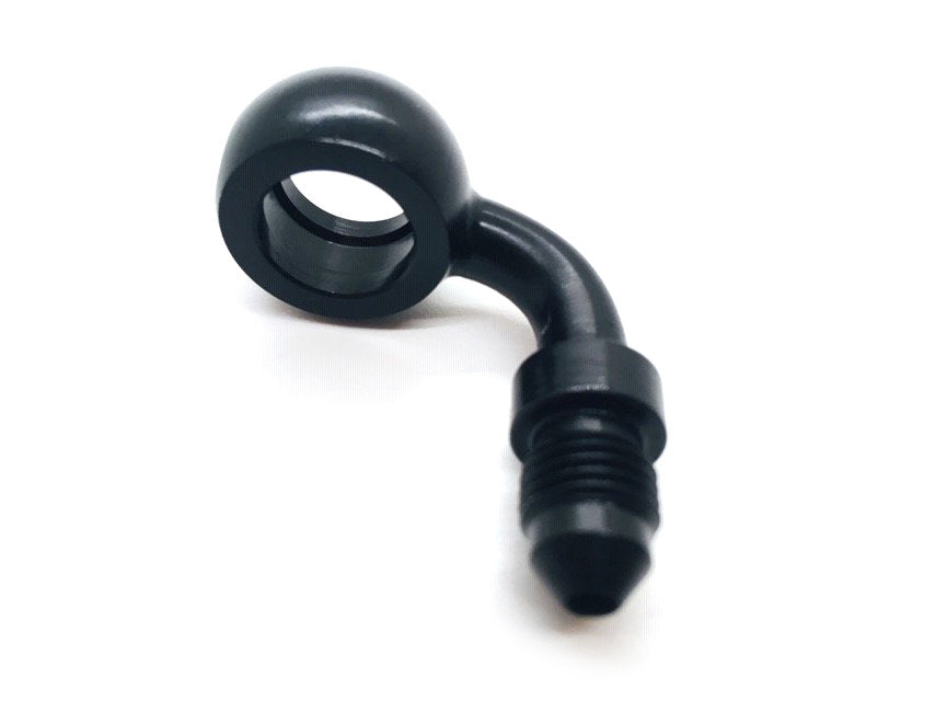 Black True 12mm ID, 90 Degree Banjo – Male #3 End.