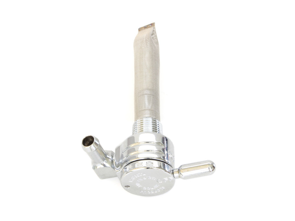 Fuel Tap / Petcock with 3/8in. NPT Thread & 5/16in. Forward Facing Fuel Outlet – Chrome.