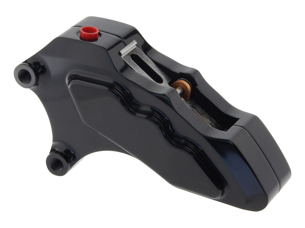 Left Hand Front 6 Piston Caliper – Black. Fits Softail 2000-2017, Dyna 2000-2005, Touring 2000-2007 & Sportster 2000-2007 Models with 13in. Disc Rotor.