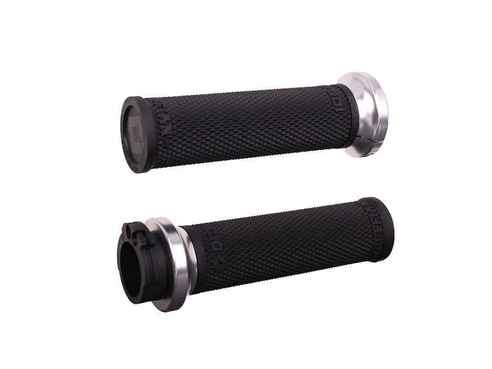 Ruffian Lock-On Handgrips – Black/Silver. Fits H-D with Throttle Cable.