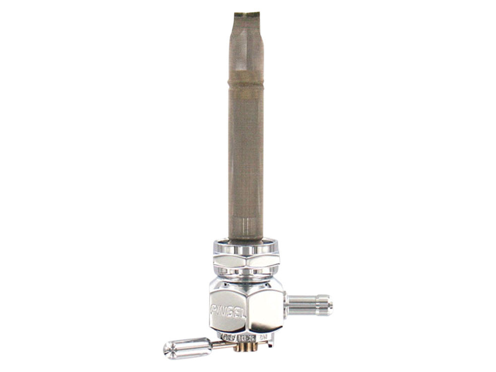 Fuel Tap / Petcock with 22mm Thread, 5/16in. Backward Facing Fuel Outlet – Chrome. Fits Softail 1984-2006, Dyna 1991-2006, FXR 1982-1994, Touring 1988-2006, Sportster 1975-2006 & 4Spd Big Twin 1975-1986