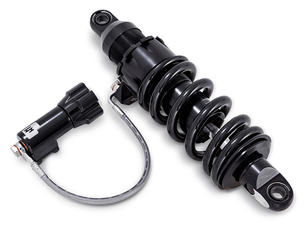 465 Series, 12.2in. Rear Shock Absorber with Remote Adjustable Preload & Heavy Duty Spring Rate – Black. Fits Softail 2018up.