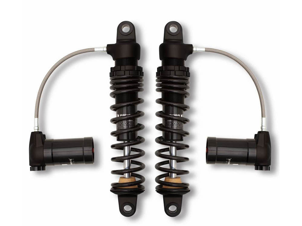 970 Series, 12in. Standard Spring Rate Rear Shock Absorbers with Remote Reservoir – Black. Fits Touring 1980up with 5 or 6 Speed Transmission.