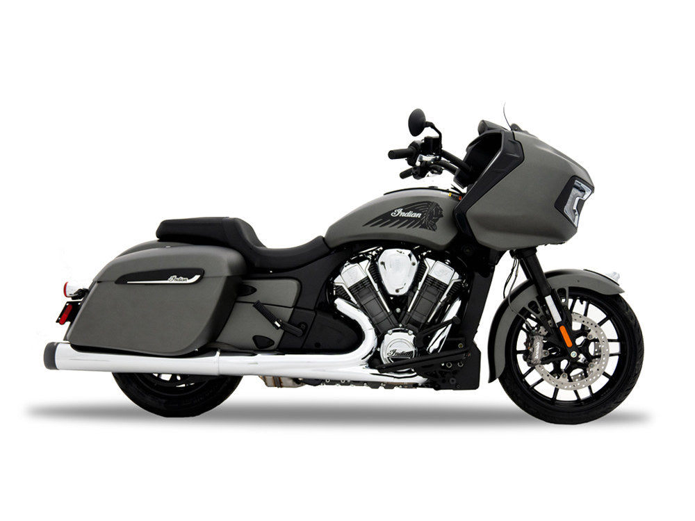 4.5in. Slip-On Mufflers – Chrome with Black End Caps. Fits Indian Big Twin 2014up with Hard Saddle Bags.