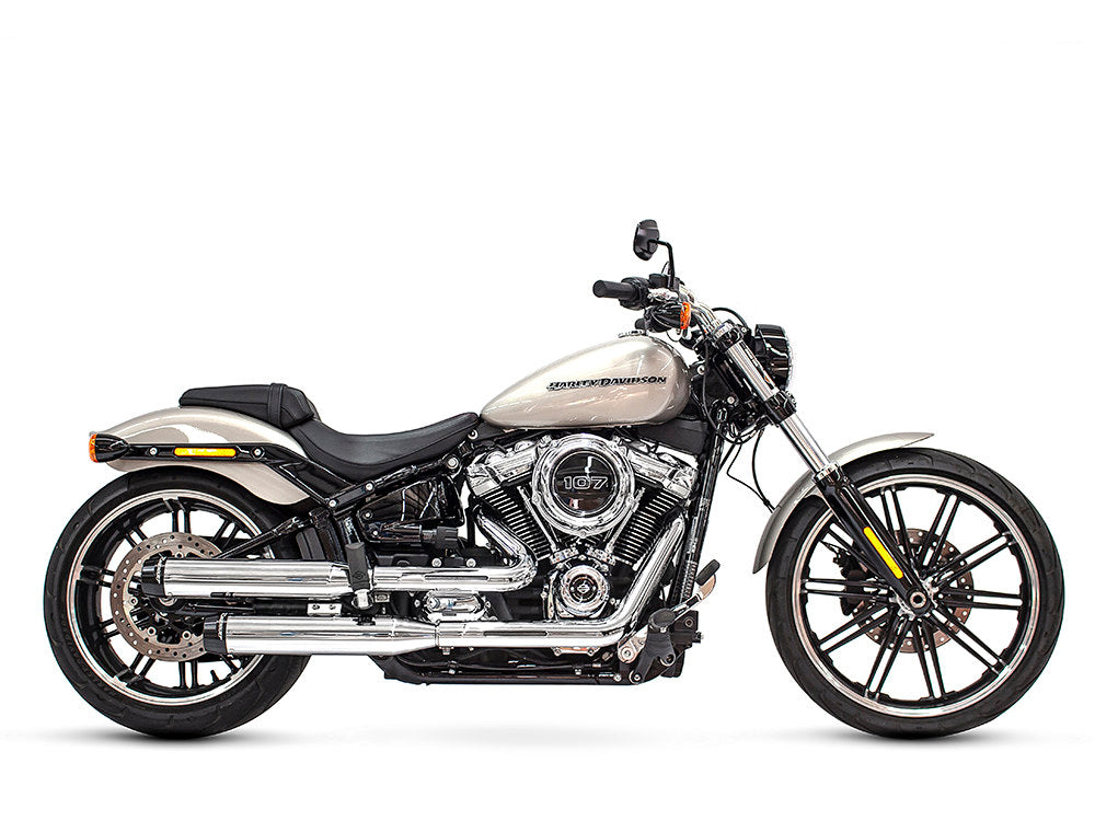 3-1/2in. Slip-On Mufflers – Chrome with Contrast Cut Black End Caps. Fits Softail Slim, Street Bob, Standard & Low Rider Models 2018-2024 & Breakout & Fat Boy 2018up