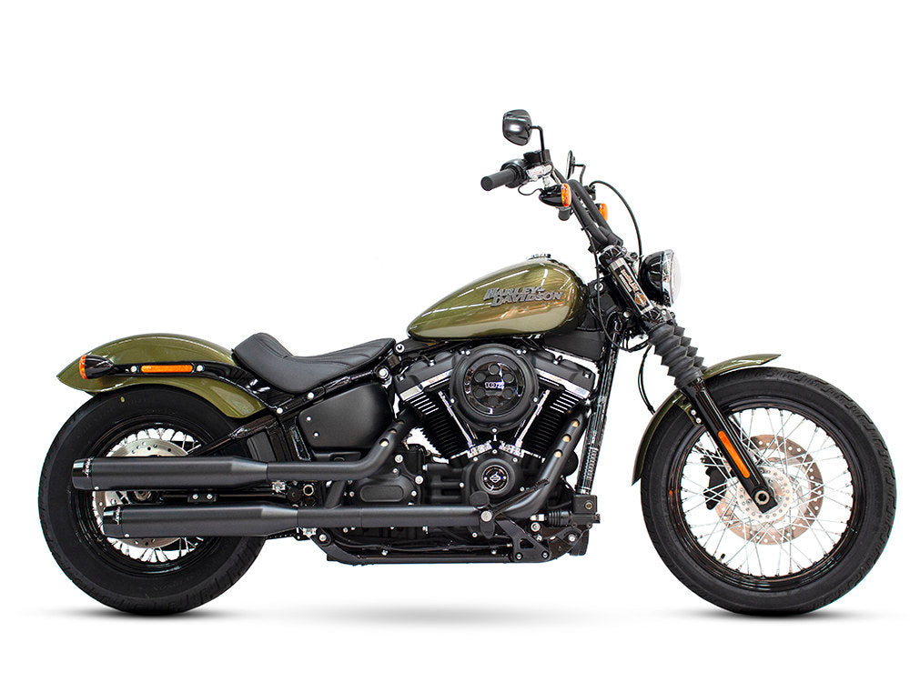 3-1/2in. Slip-On Mufflers – Black with Black Contrast Cut End Caps. Fits Softail Slim, Street Bob, Standard & Low Rider Models 2018-2024 & Breakout & Fat Boy 2018up