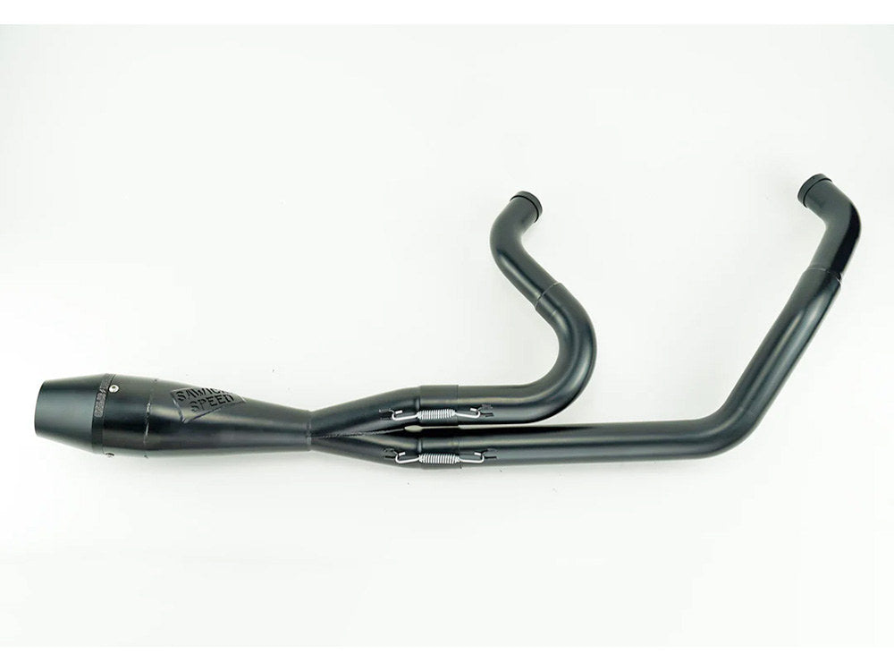 Shorty 2-into-1 Exhaust with Billet End Cap – Black. Fits Softail 2018up with 240 Rear Tyre.