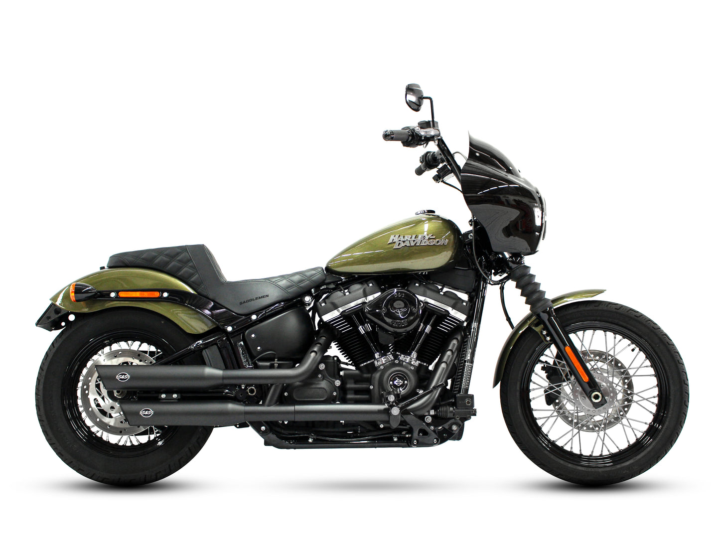 3-1/2in. Slash Cut Slip-On Mufflers – Black. Fits Softail Slim, Street Bob, Standard & Low Rider Models 2018-2024 & Breakout & Fat Boy 2018up