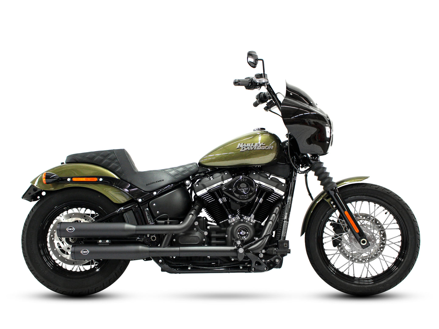 3-1/2in. Grand National Slip-On Mufflers – Black with Black End Caps. Fits Softail Slim, Street Bob, Standard & Low Rider Models 2018-2024 & Breakout & Fat Boy 2018up
