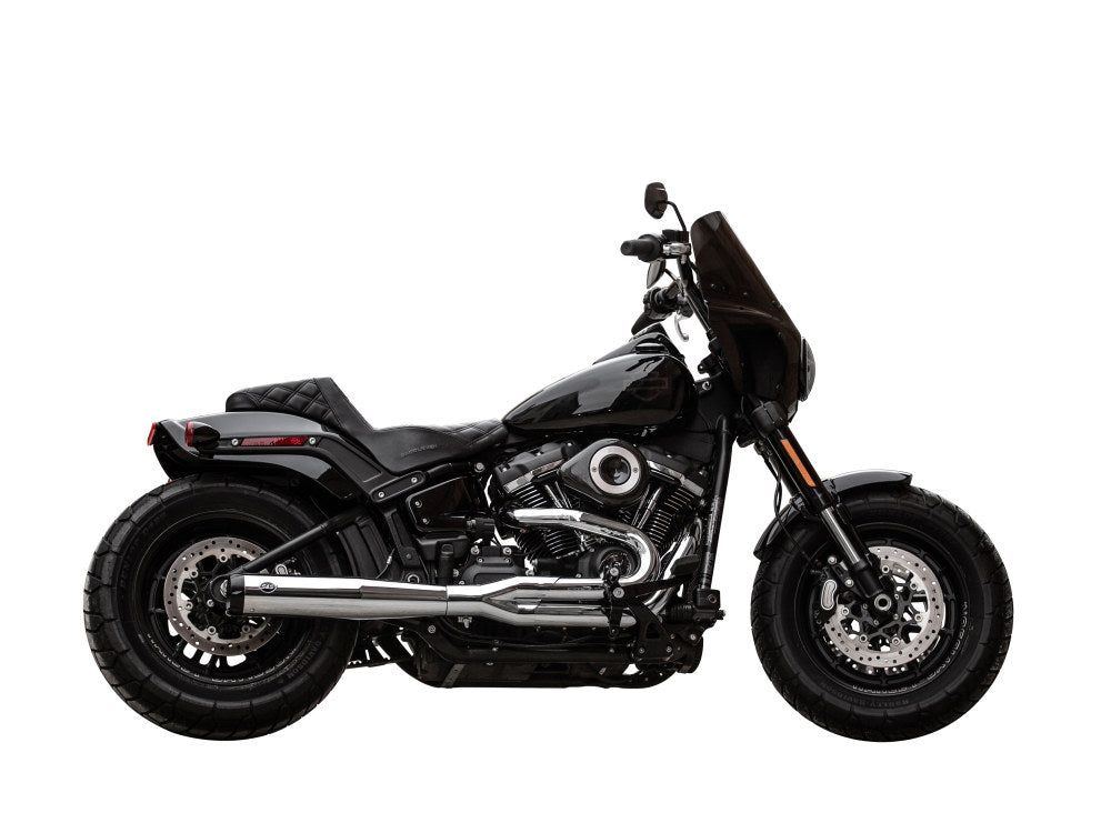 2-into-1 SuperStreet Exhaust – Chrome with Black End Cap. Fits Softail 2018-2024 Non-240 Rear Tyre Models.