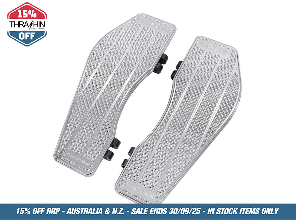 Bagger Rider Floorboards – Chrome. Fits Touring 1980up, FL Softail 1986-2017 & Dyna Switchback 2012-2016