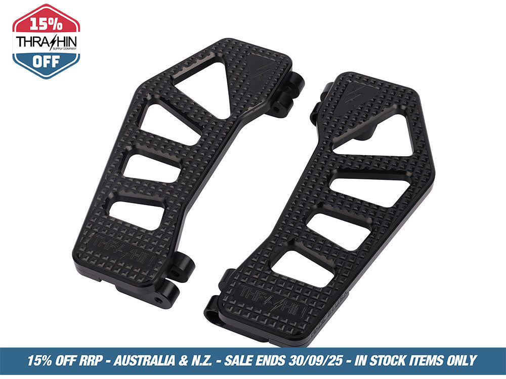 Black Apex Bagger Rider Floorboards. Fits Touring 1980up, FL Softail 1986-2017 & Dyna Switchback 2012-2016