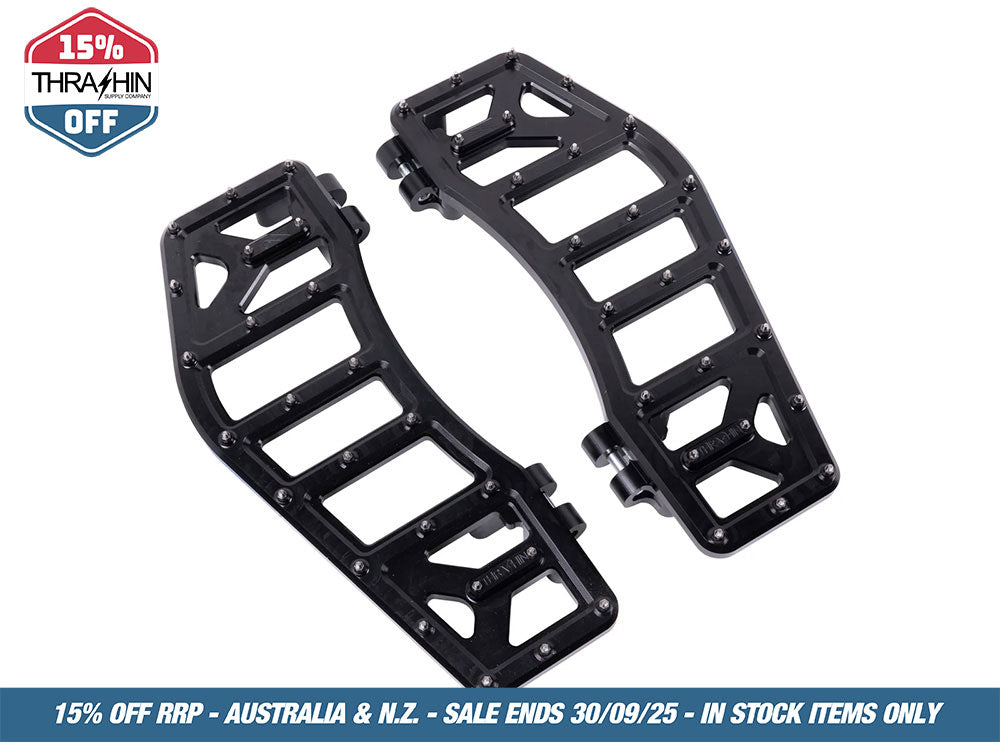Aggressor Rider Floorboards – Black. Fits Touring 1980up, FL Softail 1986-2017 & Dyna Switchback 2012-2016