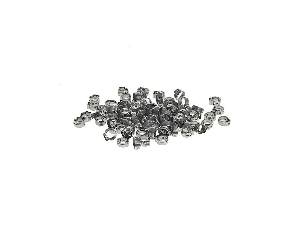 11/32in. Stepless Ear Clamps – Pack of 100. Size range is 7.8 to 9.5mm