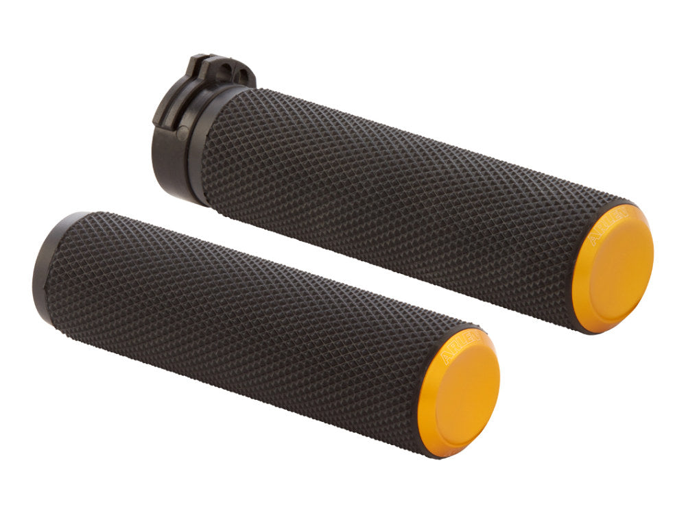 Knurled Fusion Handgrips – Gold. Fits H-D with Throttle Cable.