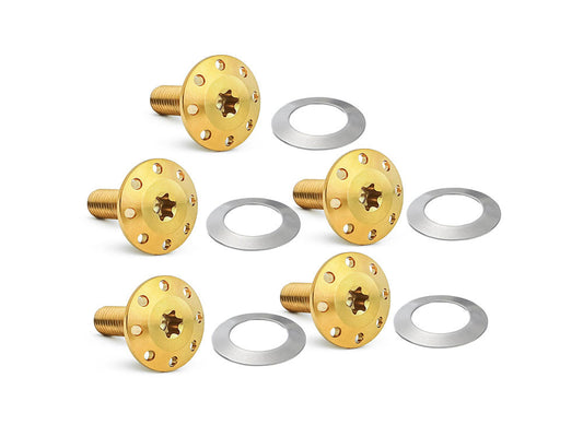 Titanium Holeshot Front Brake Rotor Bolts – Gold. Fits Street Glide & Road Glide 2024up with Spoke Mounted Disc, Sportster S 2021up & Pan America 2021up with Cast Mag Wheel