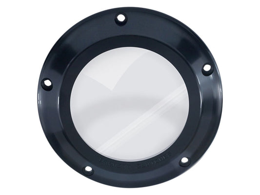 Scorpion Series Clear Derby Cover – Black.  Fits Softail 2007-2018, Dyna 2007-2017 & Touring 2007-2015.
