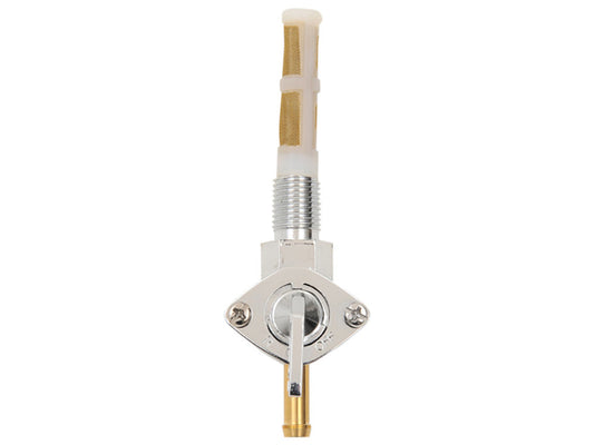Fuel Tap / Petcock with 3/8in. NPT Thread, 5/16in. Downward Facing Fuel Outlet – Chrome. Fits H-D Pre 1975.