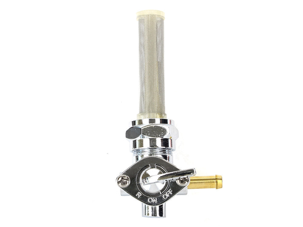 Fuel Tap / Petcock with 22mm Thread, 5/16in. Backward Facing Fuel Outlet – Chrome. Fits Softail 1984-2006, Dyna 1991-2006, FXR 1982-1994, Touring 1988-2006, Sportster 1975-2006 & 4Spd Big Twin 1975-1986