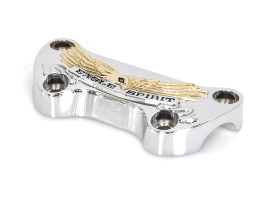 Eagle Spirit Logo Handlebar Top Clamp – Chrome & Gold. Fits HD Big Twin 1974up & Sportster 1974-2021.