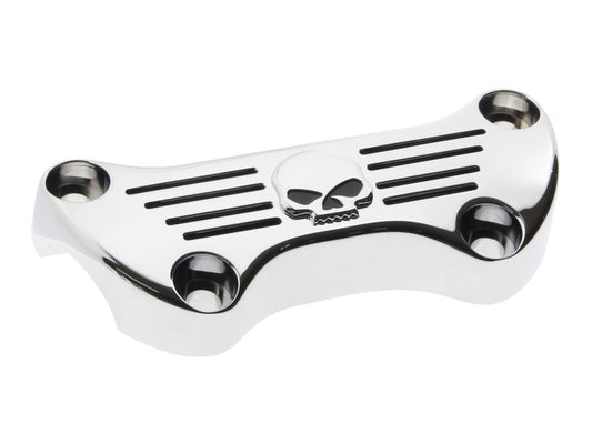 Finned, Skull Design Handlebar Top Clamp – Chrome. Fits HD Big Twin 1974up & Sportster 1974-2021.