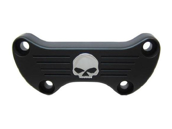 Finned, Skull Design Handlebar Top Clamp – Black. Fits HD Big Twin 1974up & Sportster 1974-2021.