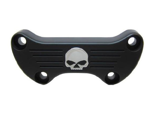 Finned, Skull Design Handlebar Top Clamp – Black. Fits HD Big Twin 1974up & Sportster 1974-2021.