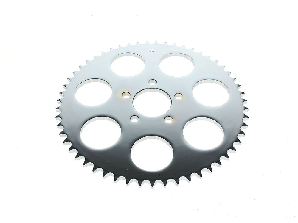 55 Tooth, Flat Steel Rear Chain Sprocket – Chrome. Fits Big Twin 2000up & Sportster 2000-2021.