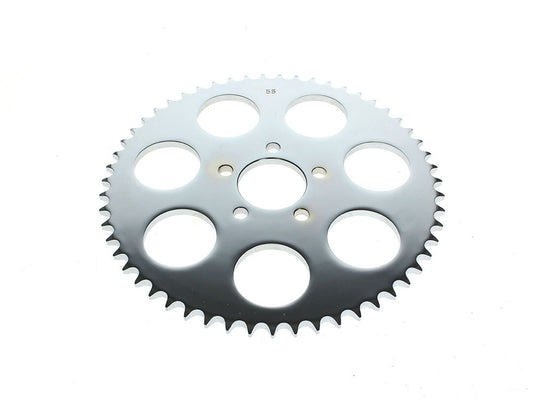 55 Tooth, Flat Steel Rear Chain Sprocket – Chrome. Fits Big Twin 2000up & Sportster 2000-2021.