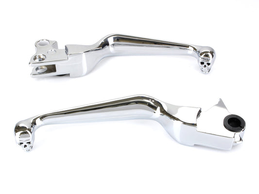 Hand Levers with Custom Skull Head Ends – Chrome. Fits Softail 2007-2014 & Dyna 2007-2017.