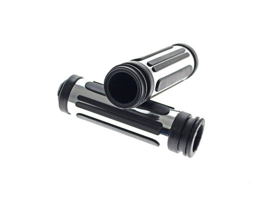 Chrome & Rubber Slotted Style Handgrips. Fits Big Twin 2008-2024 with Throttle-by-Wire
