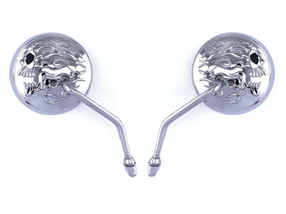 4in. Round Mirrors – Chrome with Chrome Flaming Skull.