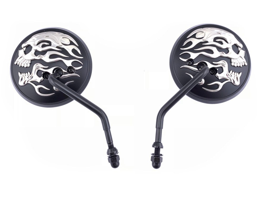 4in. Round Mirrors – Black with Chrome Flaming Skull.