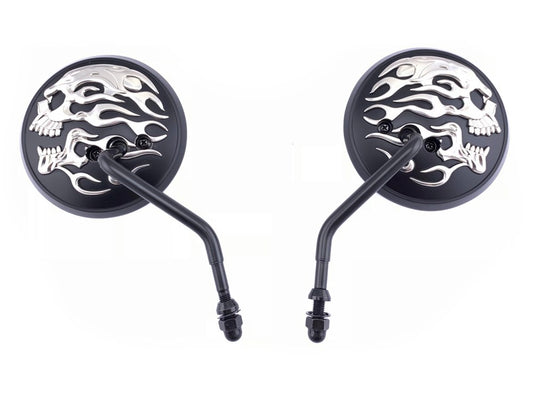 4in. Round Mirrors – Black with Chrome Flaming Skull.