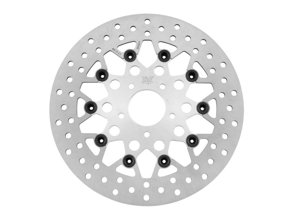 11.8in. Front Mesh Design Floating Disc Rotor – Silver. Fits Dyna 2006-2017, Softail 2015up, Sportster 2014-2021 & Some Touring 2008up.